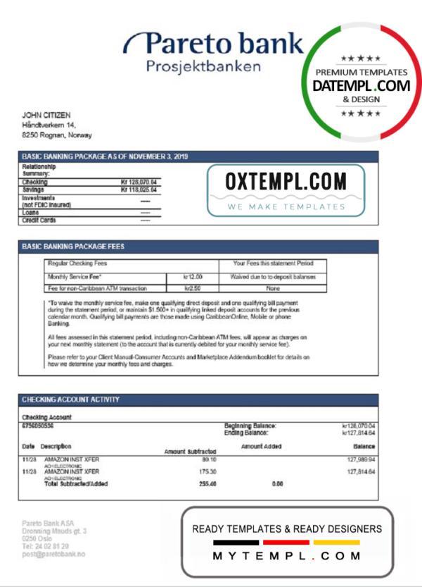 editable template, Norway Pareto Bank statement easy to fill template in Word and PDF format