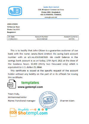 editable template, Bangladesh Janata bank account reference letter template in Word and PDF format