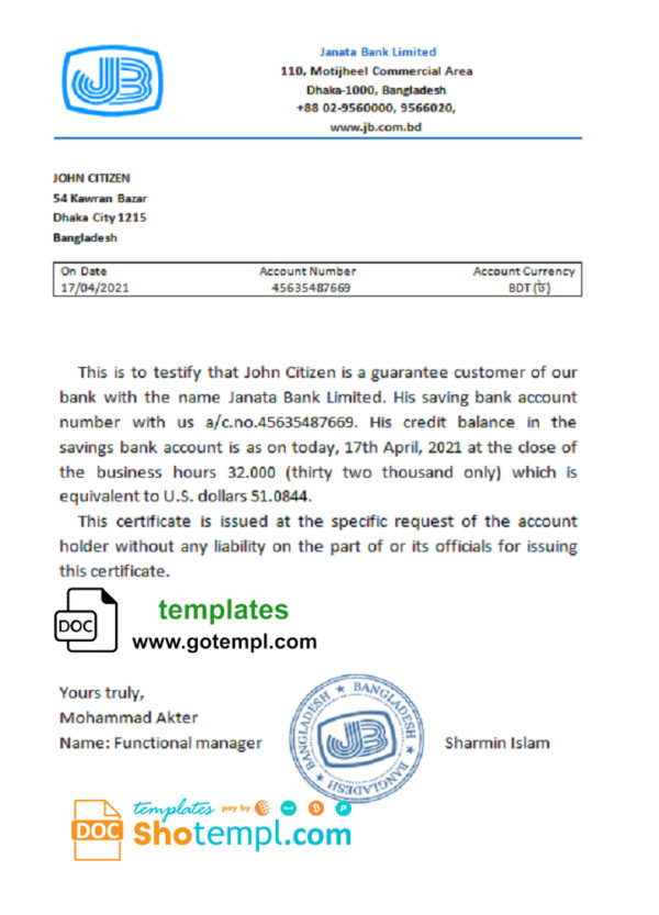 editable template, Bangladesh Janata bank account reference letter template in Word and PDF format