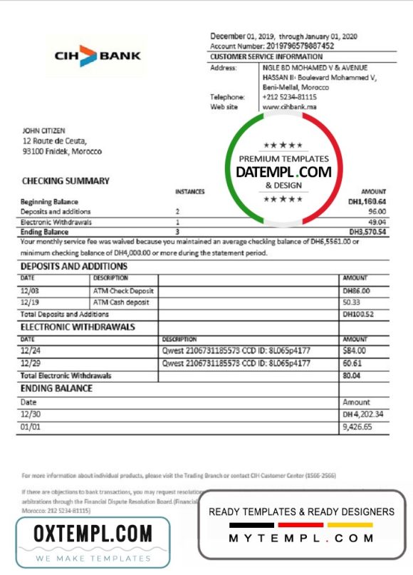 editable template, Morocco CIH bank proof of address statement template in Word and PDF format