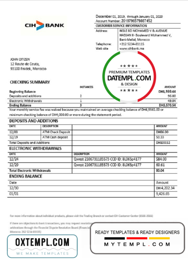 editable template, Morocco CIH bank proof of address statement template in Word and PDF format