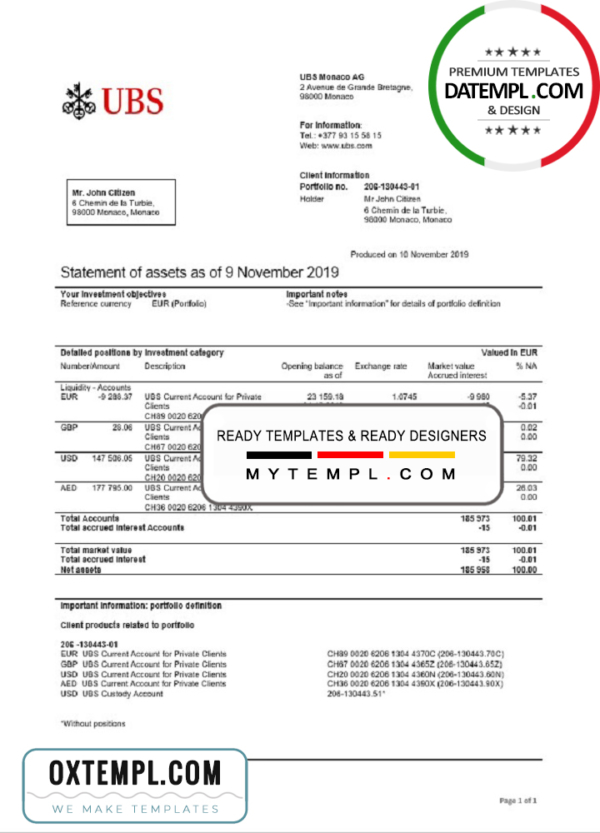 editable template, Monaco UBS bank proof of address statement template in Word and PDF format (.doc and .pdf)
