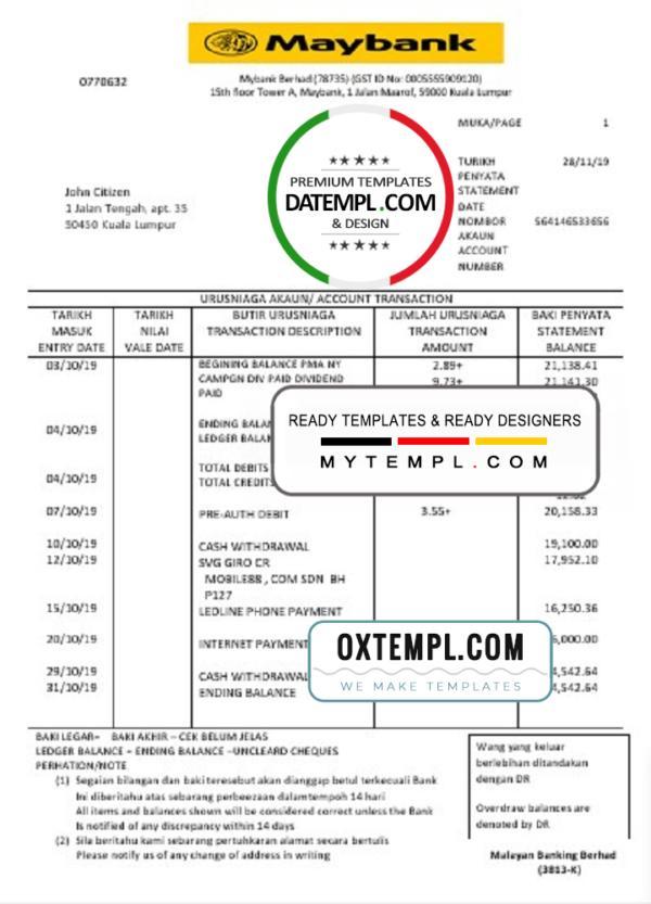 editable template, Malaysia Maybank bank statement template, Word and PDF format (.doc and .pdf)