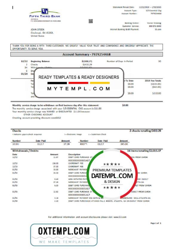 editable template, USA Fifth Third Bank statement in Word and PDF (.doc and .pdf) format, good for address prove