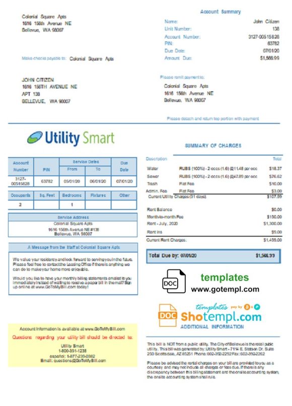 editable template, USA Arizona Utility Smart utility bill template in Word and PDF format (.doc and .pdf)