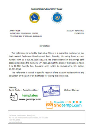 editable template, Barbados Caribbean Development Bank reference letter template in Word and PDF format