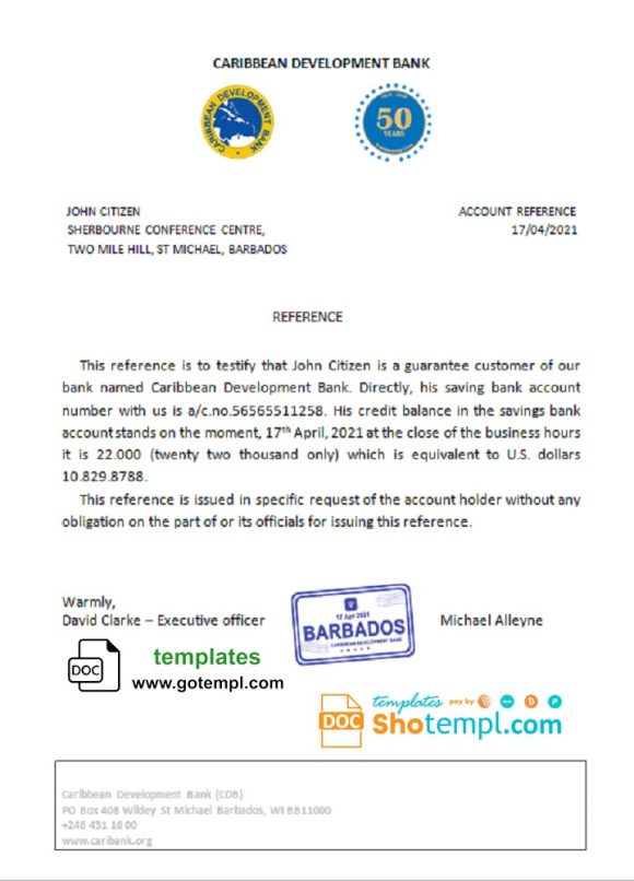 editable template, Barbados Caribbean Development Bank reference letter template in Word and PDF format