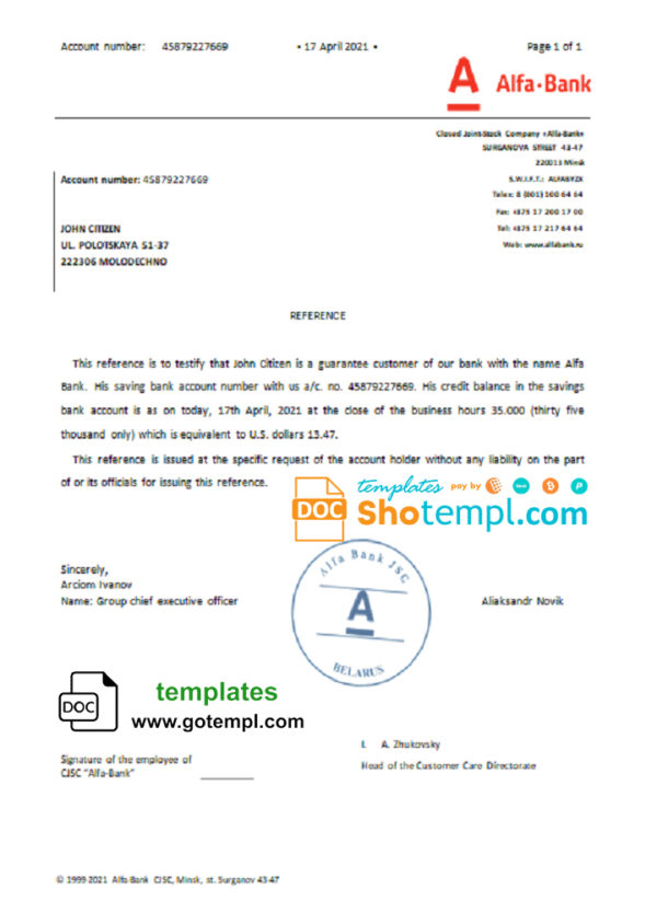 editable template, Belarus Alfa bank reference letter template in Word and PDF format