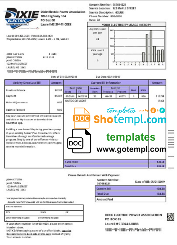 editable template, USA Mississipi Dixie Electric utility bill template in Word and PDF format