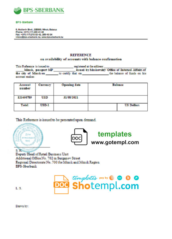 editable template, Belarus BPS-SBERBANK reference letter template in Word and PDF format