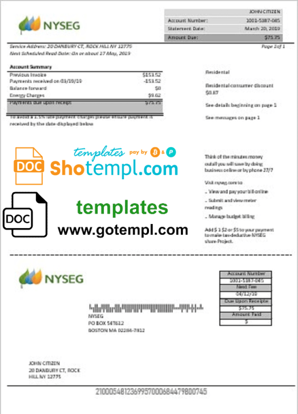 editable template, USA Massachusetts Boston NYSEG electricity utility bill template in Word and PDF format