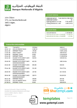 editable template, Algeria Banque nationale d’Algérie (BNA) template of bank statement, Word and PDF format (.doc and .pdf)
