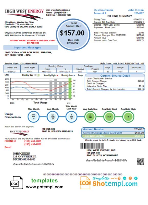 editable template, USA Wyoming High West Energy utility bill in Word and PDF format, version 2