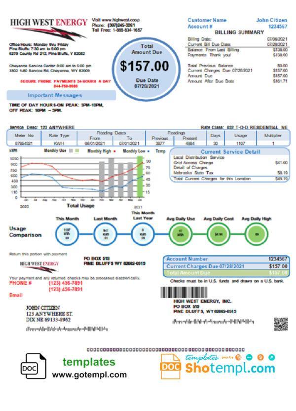 editable template, USA Wyoming High West Energy utility bill in Word and PDF format, version 2