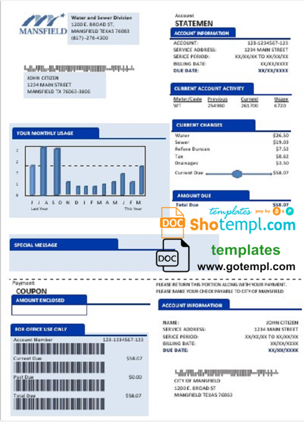editable template, USA Mansfield Texas utility bill template in Word and PDF format (.doc and .pdf)