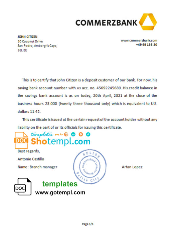editable template, Belize Commerzbank bank reference letter template in Word and PDF format