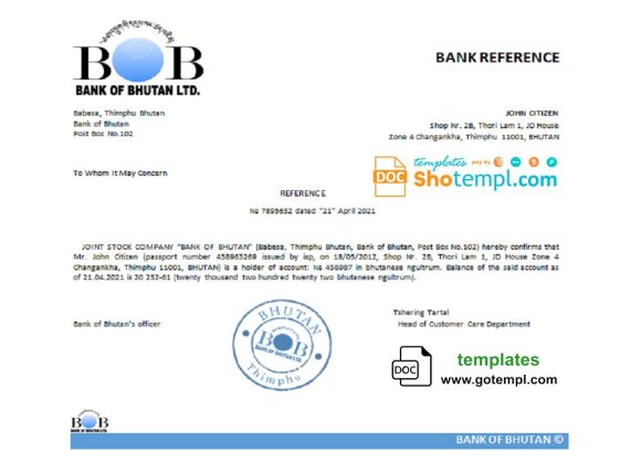 editable template, Bhutan Bank of Bhutan bank account reference letter template in Word and PDF format