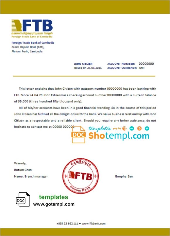 editable template, Cambodia Foreign Trade Bank of Cambodia bank account reference letter template in Word and PDF format
