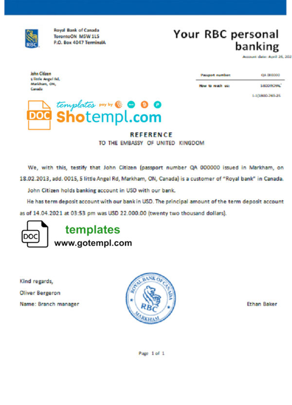editable template, Canada Royal Bank of Canada (RBC) bank account reference letter template in Word and PDF format