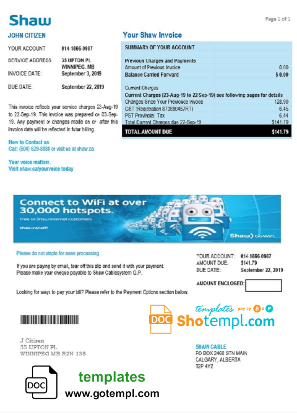 editable template, Canada Shaw utility bill template in Word and PDF format