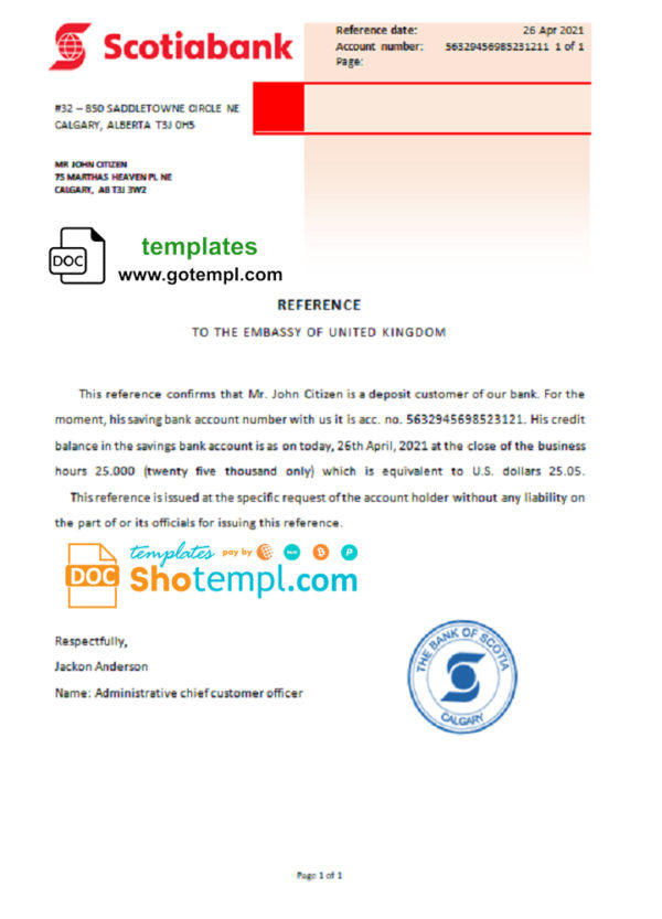 editable template, Canada Scotiabank account reference letter template in Word and PDF format
