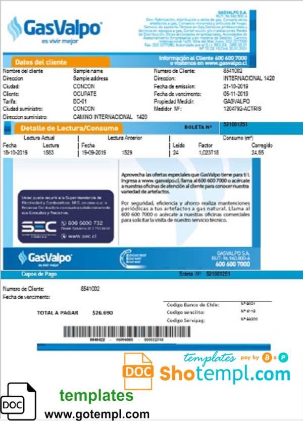 editable template, Chile GasValpo utility bill template, fully editable in Word and PDF format