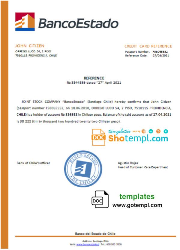 editable template, Chile Banco del Estado de Chile bank account reference letter template in Word and PDF format