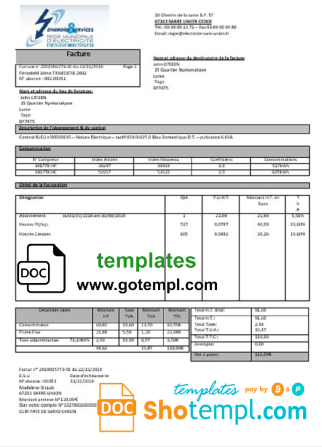 editable template, France Energies & Services Régie Municipal d' Electricité Sarre-Union electricity utility bill template in Word and PDF format, fully editable
