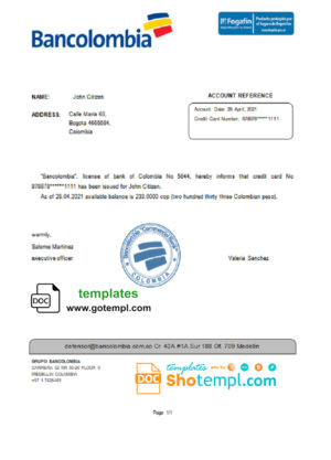 Colombia Bancolombia bank account reference letter template in Word and PDF format