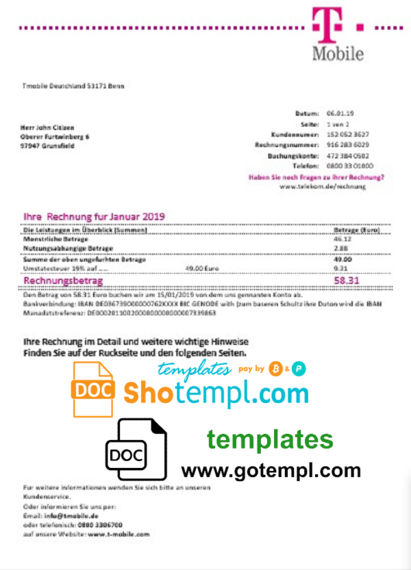 editable template, Germany T Mobile utility bill template in Word and PDF format
