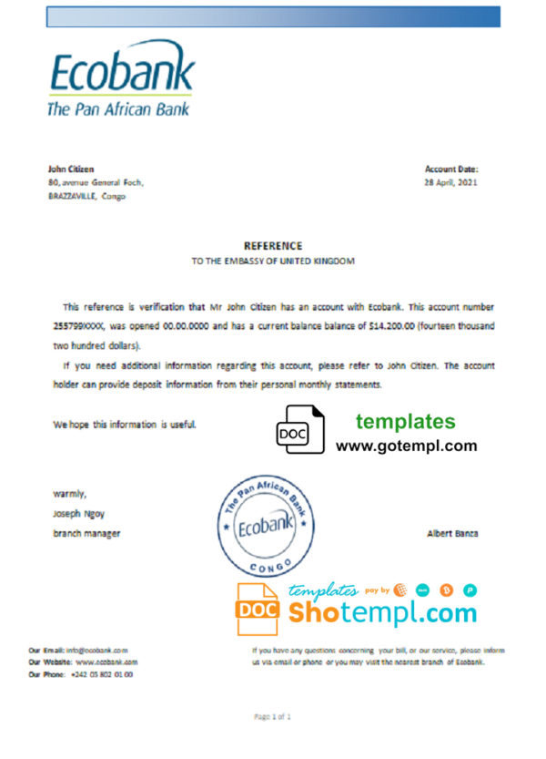 editable template, Congo Ecobank bank account reference letter template in Word and PDF format
