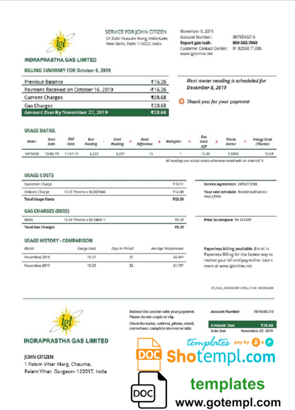 editable template, India Indraprasth Gas utility bill template in Word and PDF format