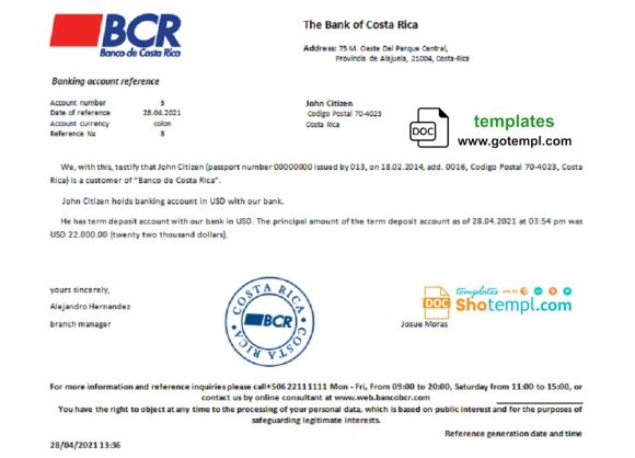 editable template, Costa Rica The Bank of Costa Rica bank account reference letter template in Word and PDF format