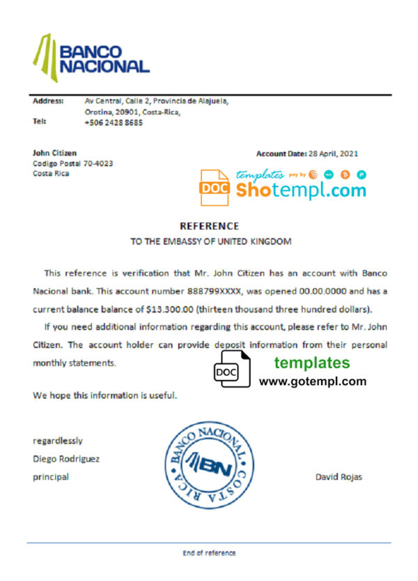 editable template, Costa Rica Banco Nacional de Costa Rica bank account reference letter template in Word and PDF format