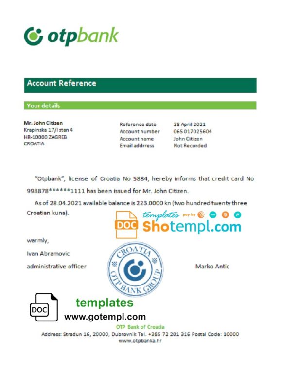 editable template, Croatia OTP bank account reference letter template in Word and PDF format
