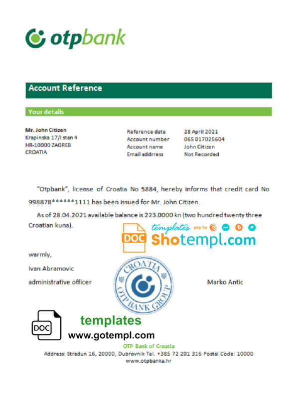 editable template, Croatia OTP bank account reference letter template in Word and PDF format