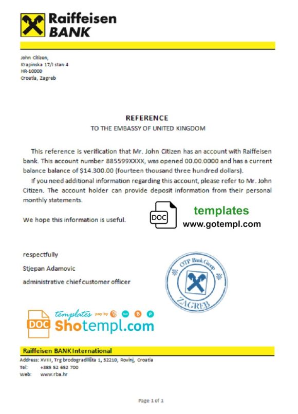 editable template, Croatia Raiffeisen Bank account reference letter template in Word and PDF format