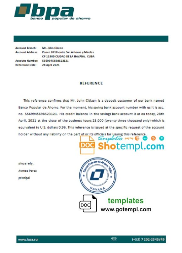 editable template, Cuba Banco Popular de Ahorro (BPA) bank account reference letter template in Word and PDF format