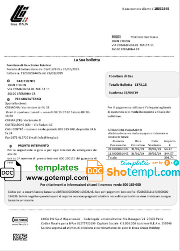 editable template, Italy Linea Italia utility bill template in Word and PDF format