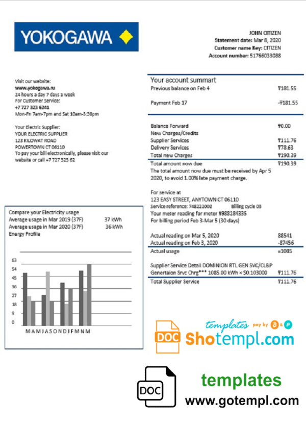 editable template, Kazakhstan Yokogawa Electric Kazakhstan utility bill template in Word and PDF format (.doc and .pdf)