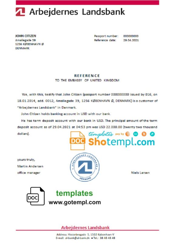 editable template, Denmark Arbejdernes Landsbank bank account reference letter template in Word and PDF format