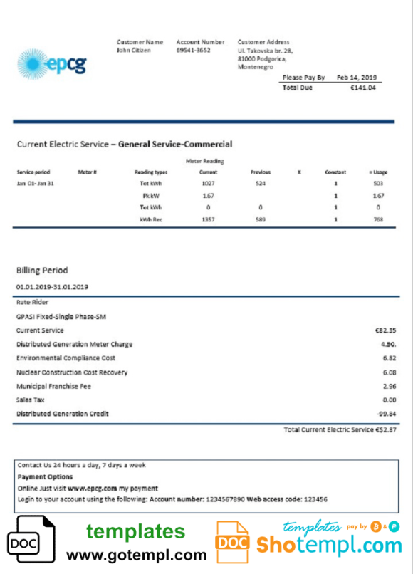 editable template, Montenegro Elektroprivreda Crne Gore (EPCG) electricity utility bill template in Word and PDF format