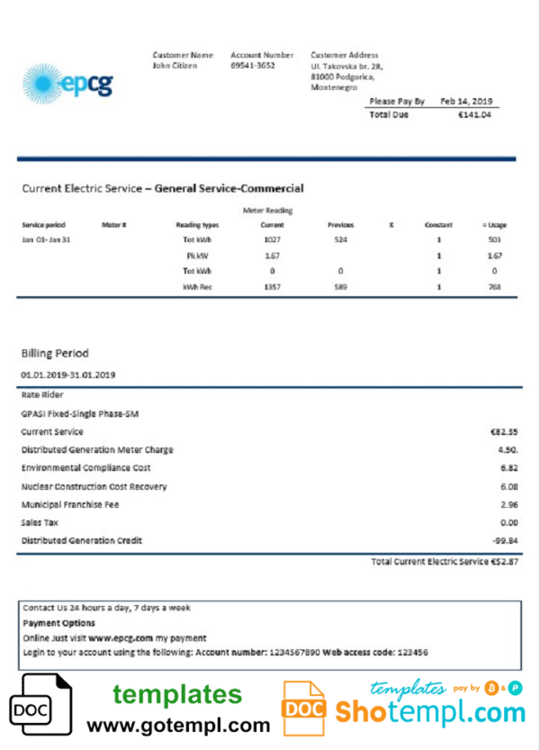 editable template, Montenegro Elektroprivreda Crne Gore (EPCG) electricity utility bill template in Word and PDF format