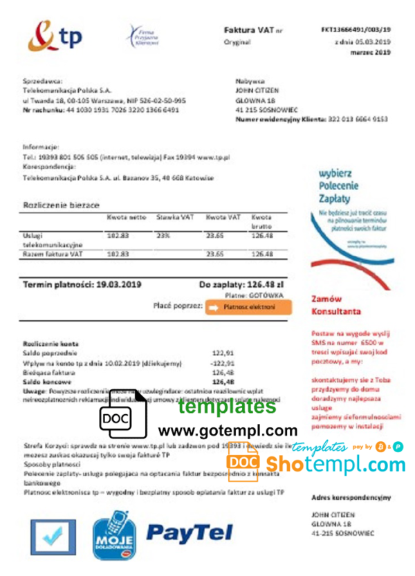 editable template, Poland TP utility bill template in Word and PDF format
