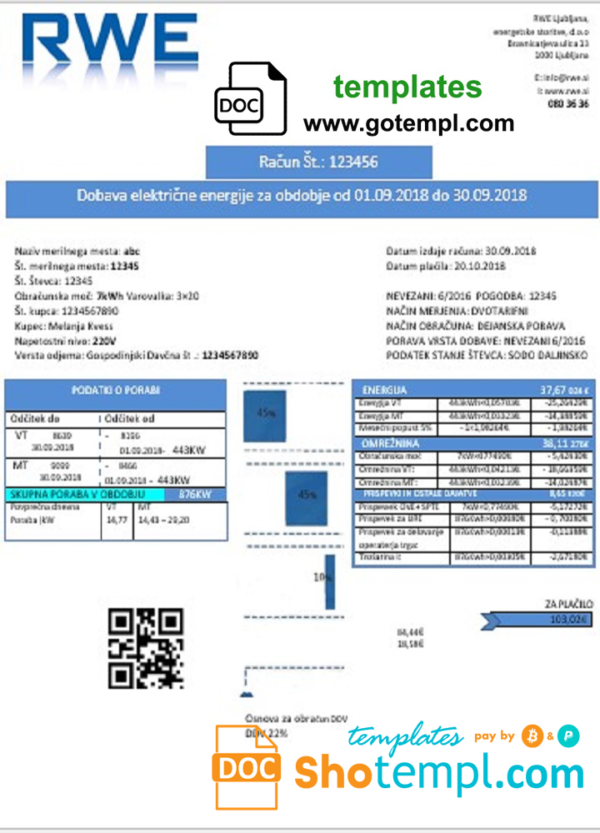 editable template, Slovenia RWE electricity proof of address utility bill template in Word and PDF format
