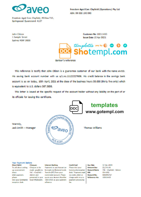 editable template, Australia Aveo bank account reference letter template in Word and PDF format