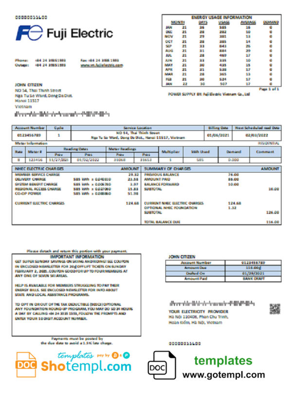 editable template, Vietnam Fuji Electric Vietnam Co. utility bill template in Word format