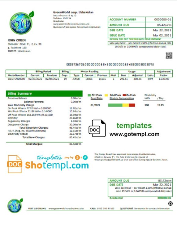 editable template, Uzbekistan GreenWorld utility bill template in Word and PDF (.doc and .pdf) format, fully editable