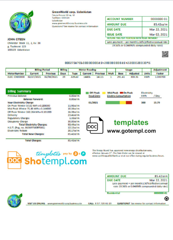 editable template, Uzbekistan GreenWorld utility bill template in Word and PDF (.doc and .pdf) format, fully editable