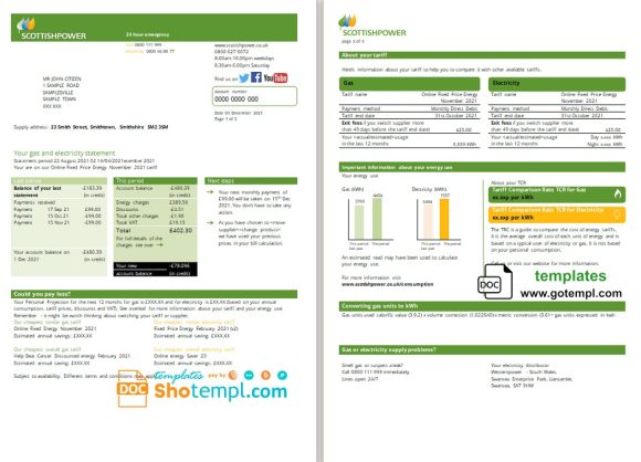 editable template, USA ScottishPower utility bill template in Word and PDF format (3 pages)